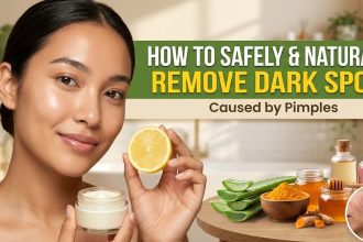 A woman applying a small amount of face cream to her cheek, surrounded by natural ingredients like turmeric root, tea tree leaves, and a cut lemon.