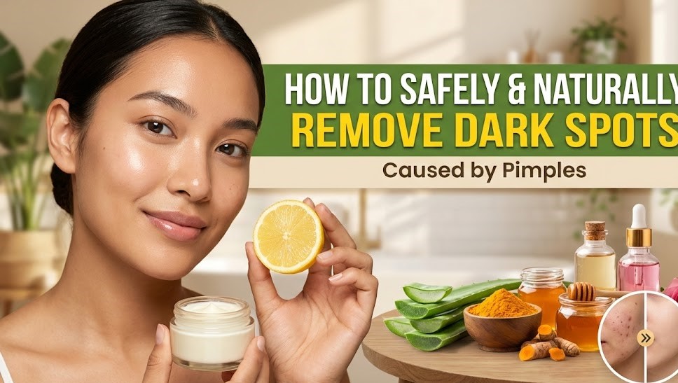 A woman applying a small amount of face cream to her cheek, surrounded by natural ingredients like turmeric root, tea tree leaves, and a cut lemon.