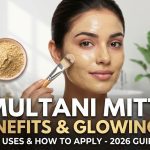 A smooth bowl of mixed Multani Mitti clay paste sitting next to fresh pink roses and raw Fuller's Earth chunks.