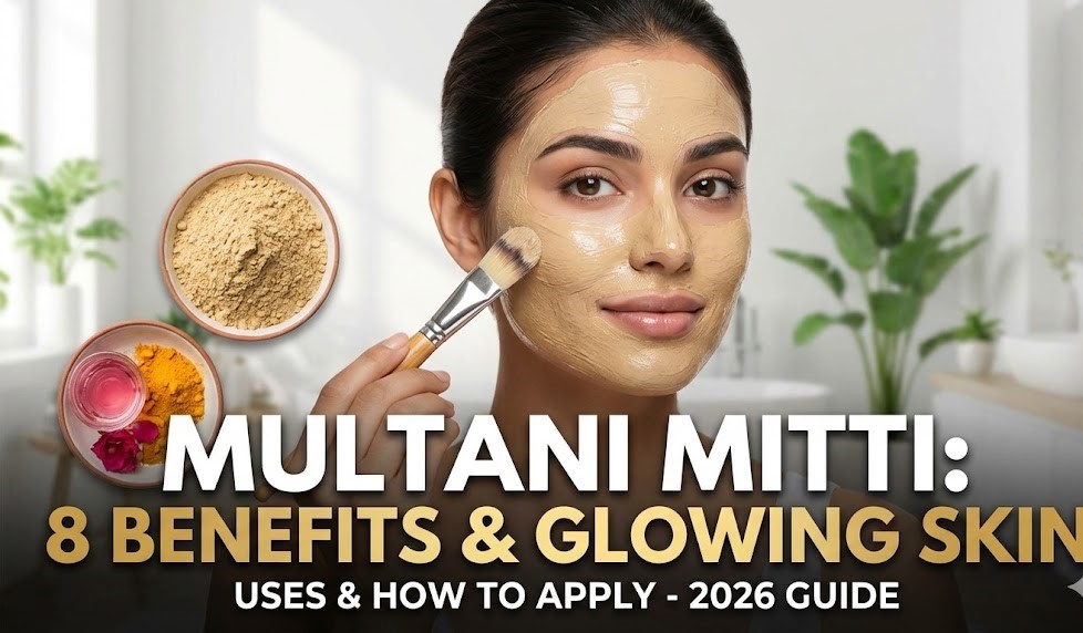 A smooth bowl of mixed Multani Mitti clay paste sitting next to fresh pink roses and raw Fuller's Earth chunks.