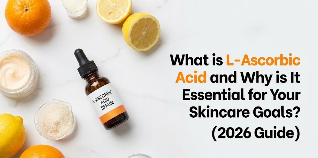 A glass dropper bottle of pure L-ascorbic acid face serum resting next to fresh orange slices and green botanical leaves.