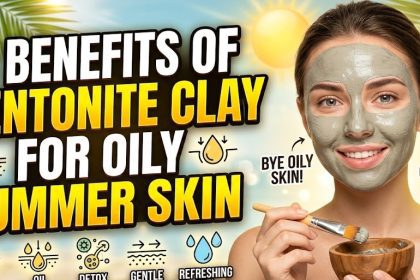 A person applying a gray Bentonite clay face mask to their T-zone to control excess oil and acne.