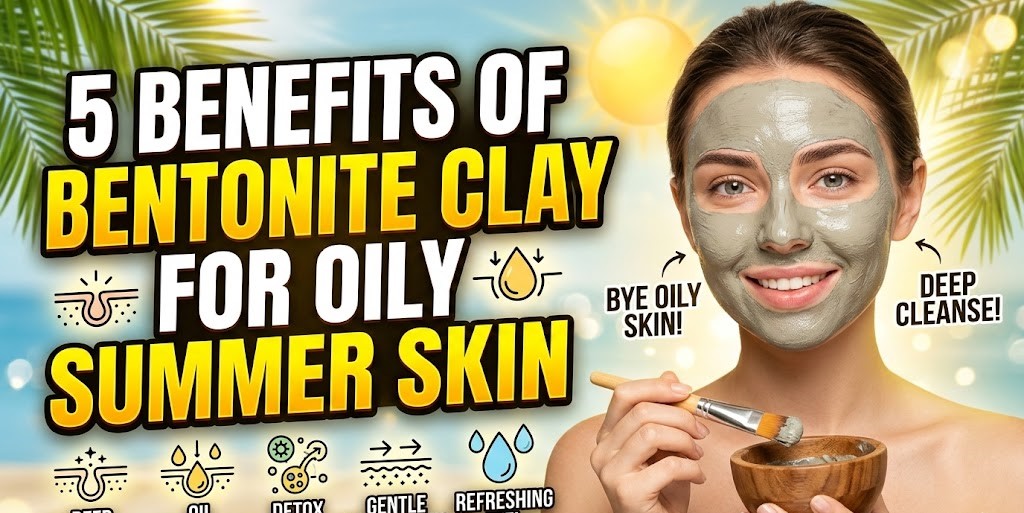 A person applying a gray Bentonite clay face mask to their T-zone to control excess oil and acne.
