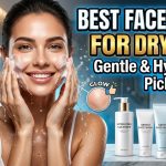 A person with glowing, hydrated skin applying a creamy, non-foaming cleanser.