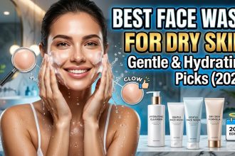 A person with glowing, hydrated skin applying a creamy, non-foaming cleanser.