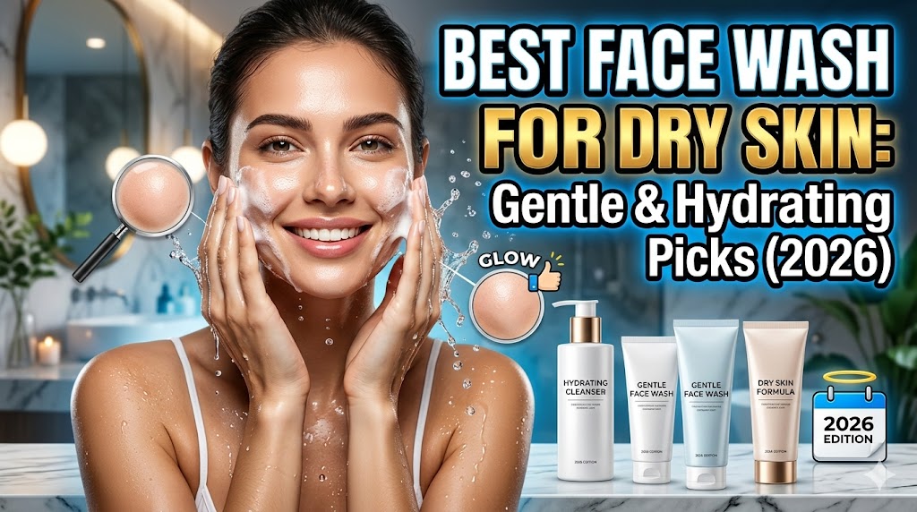 A person with glowing, hydrated skin applying a creamy, non-foaming cleanser.