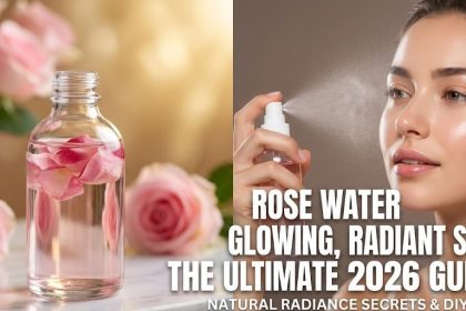 A fresh pink Damask rose splashing into crystal clear water, representing pure hydrating rose water for natural skincare.