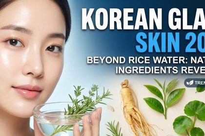 A smiling woman applying a soothing, natural green tea and aloe vera mist to her radiant, glass-like skin.