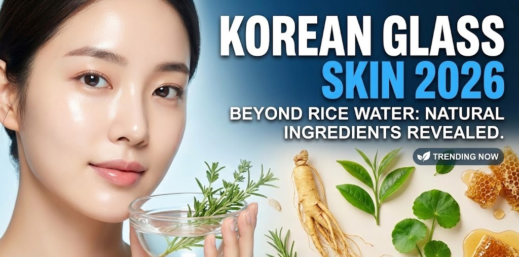 A smiling woman applying a soothing, natural green tea and aloe vera mist to her radiant, glass-like skin.