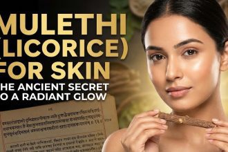 A wooden bowl filled with Mulethi powder and dried licorice roots sitting next to a bottle of rose water.