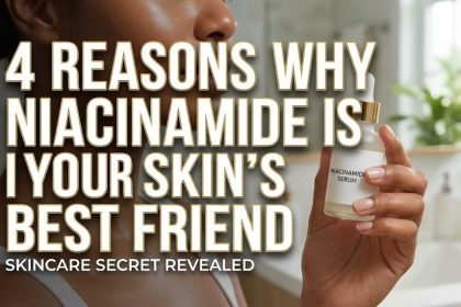 A dropper dispensing clear niacinamide serum onto a woman's glowing cheek.