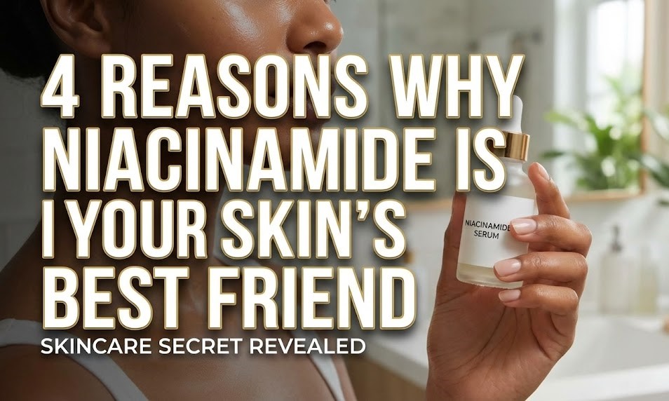 A dropper dispensing clear niacinamide serum onto a woman's glowing cheek.