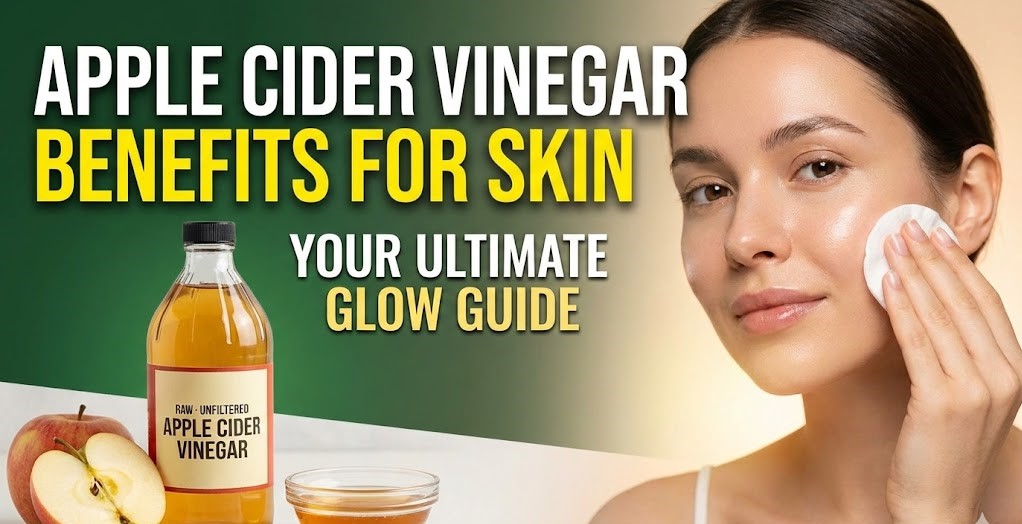 A bottle of raw apple cider vinegar sitting next to fresh red apples and cotton skincare pads on a wooden table.