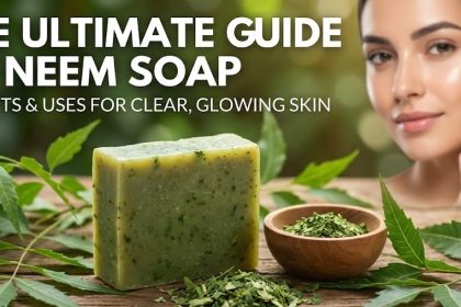 A bar of natural green neem soap resting on a wooden dish next to fresh neem leaves.