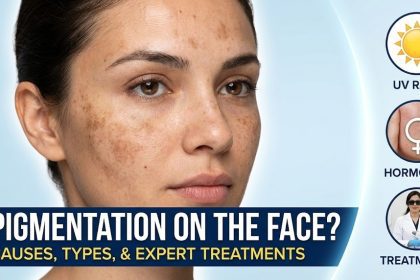 A woman applying a brightening Vitamin C serum to her cheek to treat hyperpigmentation and dark spots.