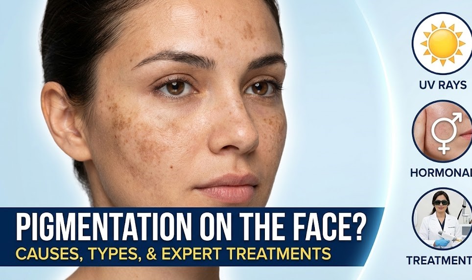 A woman applying a brightening Vitamin C serum to her cheek to treat hyperpigmentation and dark spots.