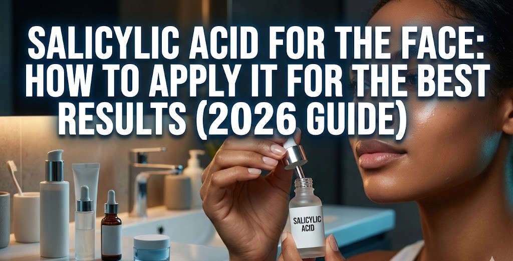 A woman applying a clear drop of salicylic acid serum to her cheek to treat acne breakouts.