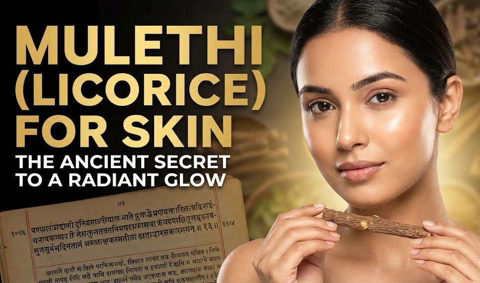 A wooden bowl filled with Mulethi powder and dried licorice roots sitting next to a bottle of rose water.