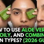 A woman gently applying clear, soothing aloe vera gel to her face, surrounded by fresh green aloe leaves.