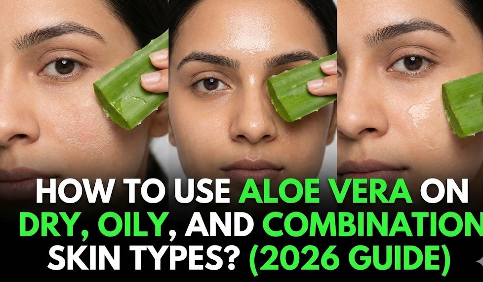 A woman gently applying clear, soothing aloe vera gel to her face, surrounded by fresh green aloe leaves.