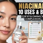 A dropper bottle of Niacinamide face serum resting on a clean white surface next to fresh ginger root and a splash of water.