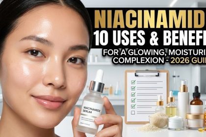 A dropper bottle of Niacinamide face serum resting on a clean white surface next to fresh ginger root and a splash of water.