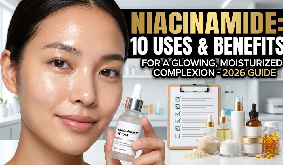 A dropper bottle of Niacinamide face serum resting on a clean white surface next to fresh ginger root and a splash of water.