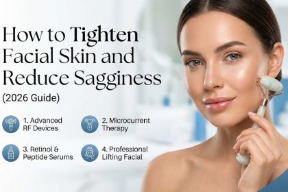 A woman gently touching her firm, glowing facial skin while applying a hydrating, skin-tightening face cream.