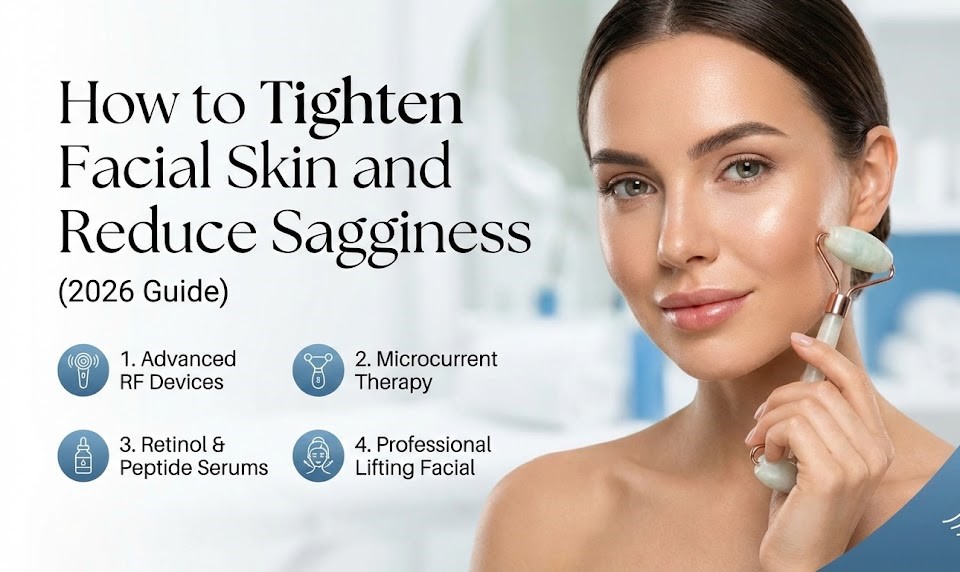 A woman gently touching her firm, glowing facial skin while applying a hydrating, skin-tightening face cream.