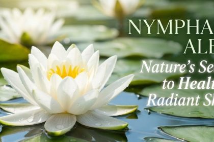 A close-up of a beautiful White Waterlily (Nymphaea Alba) floating on water, representing natural and pure skincare ingredients.