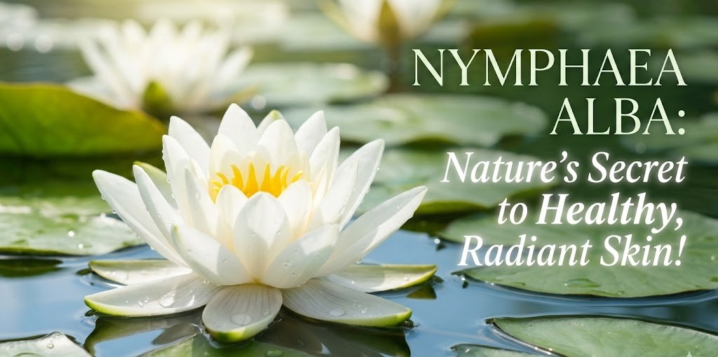 A close-up of a beautiful White Waterlily (Nymphaea Alba) floating on water, representing natural and pure skincare ingredients.