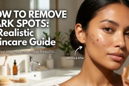 A flat lay of skincare products including a Vitamin C serum dropper, a tube of face cream, and fresh aloe vera leaves on a marble background.