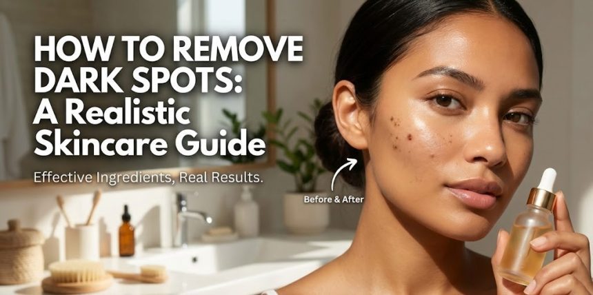 A flat lay of skincare products including a Vitamin C serum dropper, a tube of face cream, and fresh aloe vera leaves on a marble background.