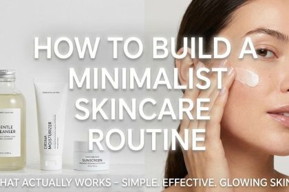 A clean, minimalist bathroom counter displaying just three essential skincare products: a gentle cleanser, a moisturizer, and a bottle of sunscreen.