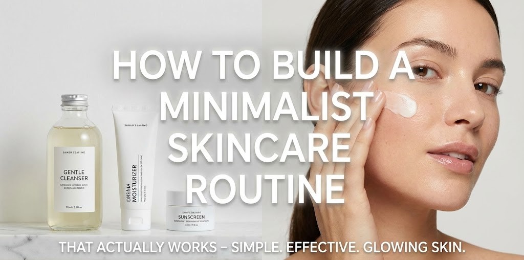 A clean, minimalist bathroom counter displaying just three essential skincare products: a gentle cleanser, a moisturizer, and a bottle of sunscreen.