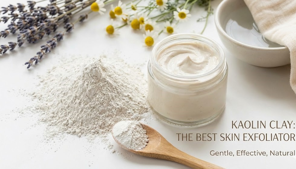 A bowl of pure white Kaolin clay powder next to a natural face mask applicator brush and fresh green leaves.