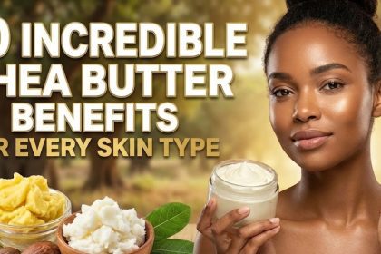 A jar of creamy, unrefined shea butter resting next to raw shea nuts on a wooden table.