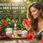 A bright red hibiscus flower resting next to a glass jar of homemade botanical skin serum.