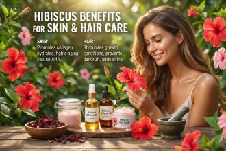 A bright red hibiscus flower resting next to a glass jar of homemade botanical skin serum.