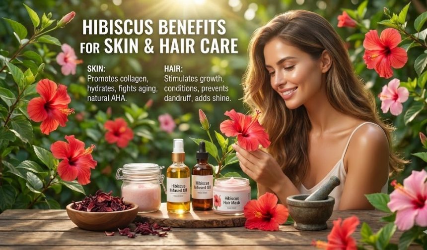 A bright red hibiscus flower resting next to a glass jar of homemade botanical skin serum.
