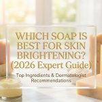 A collection of natural, creamy body soaps and an exfoliating body scrub arranged on a wooden bathroom counter.