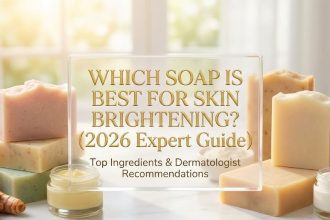 A collection of natural, creamy body soaps and an exfoliating body scrub arranged on a wooden bathroom counter.