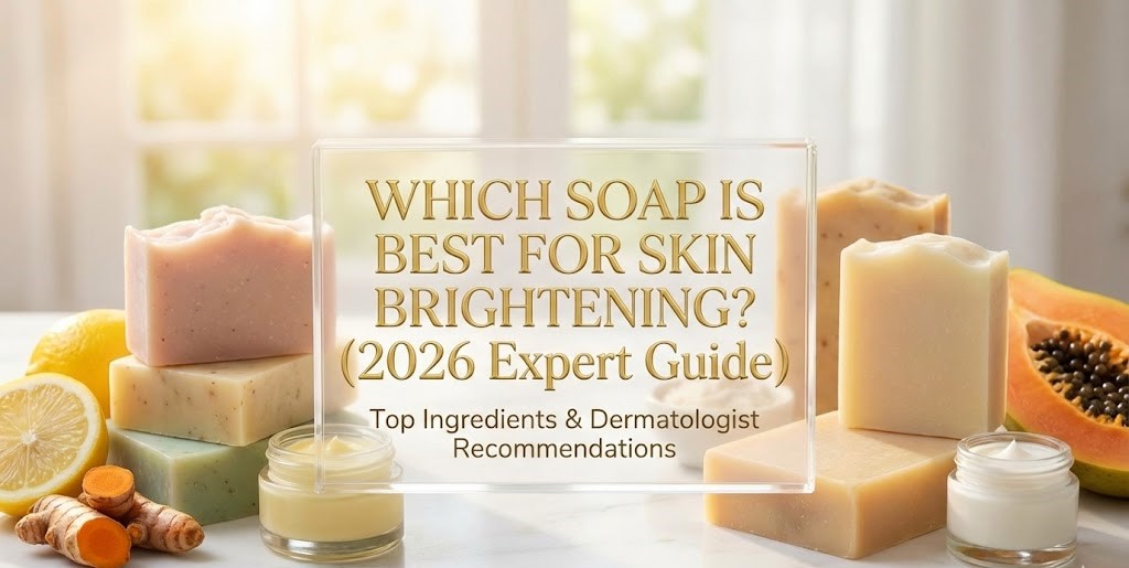 A collection of natural, creamy body soaps and an exfoliating body scrub arranged on a wooden bathroom counter.