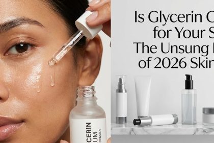 A clear drop of glycerin serum resting on a green botanical leaf, symbolizing pure, natural skin hydration.