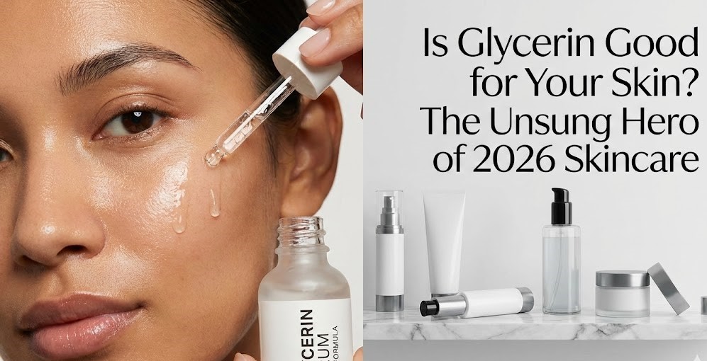 A clear drop of glycerin serum resting on a green botanical leaf, symbolizing pure, natural skin hydration.