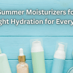 A jar of blue gel moisturizer with water droplets, sitting in sunlight next to a palm leaf.