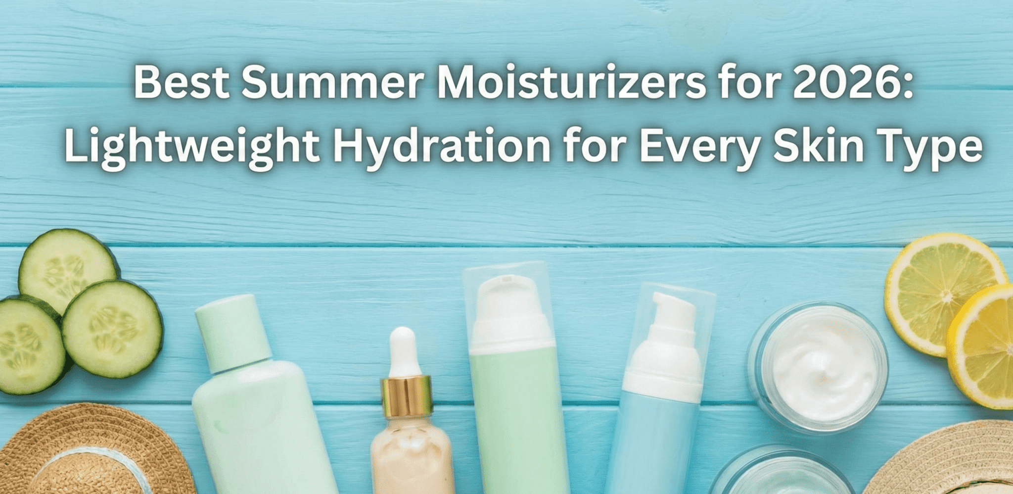 A jar of blue gel moisturizer with water droplets, sitting in sunlight next to a palm leaf.