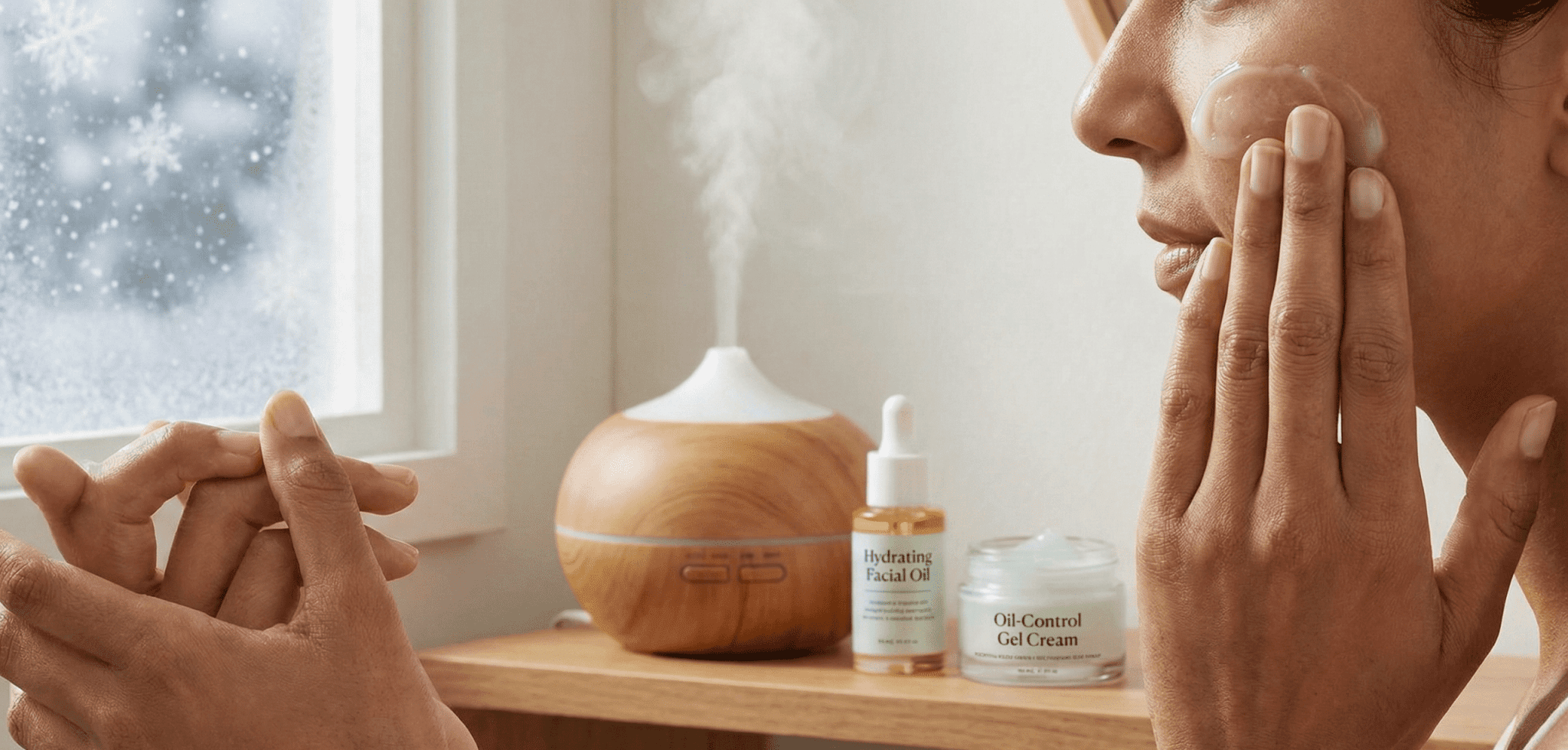 A person applying lightweight gel moisturizer to their face in winter, symbolizing balanced skin care.