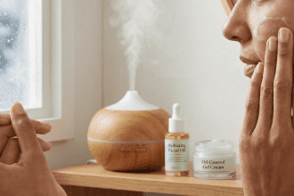 A person applying lightweight gel moisturizer to their face in winter, symbolizing balanced skin care.