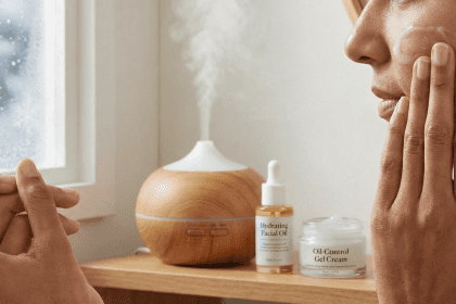 A person applying lightweight gel moisturizer to their face in winter, symbolizing balanced skin care.